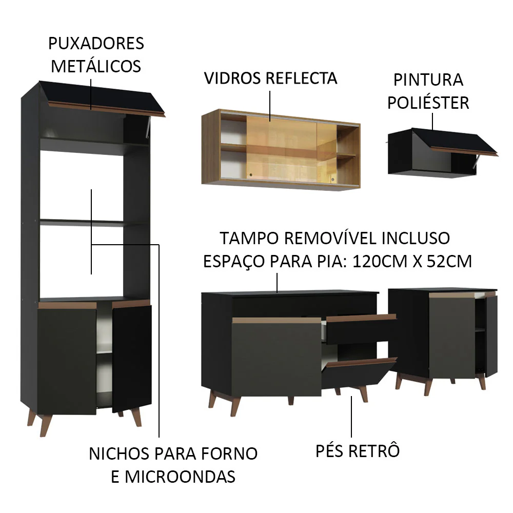 Armário de Cozinha Completa 260cm Preto/Rustic Reims Madesa 02 - Image 4