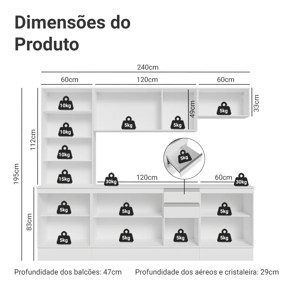 Armário de Cozinha Completa 100% MDF 240 cm Branco Smart Madesa 01 - Image 3