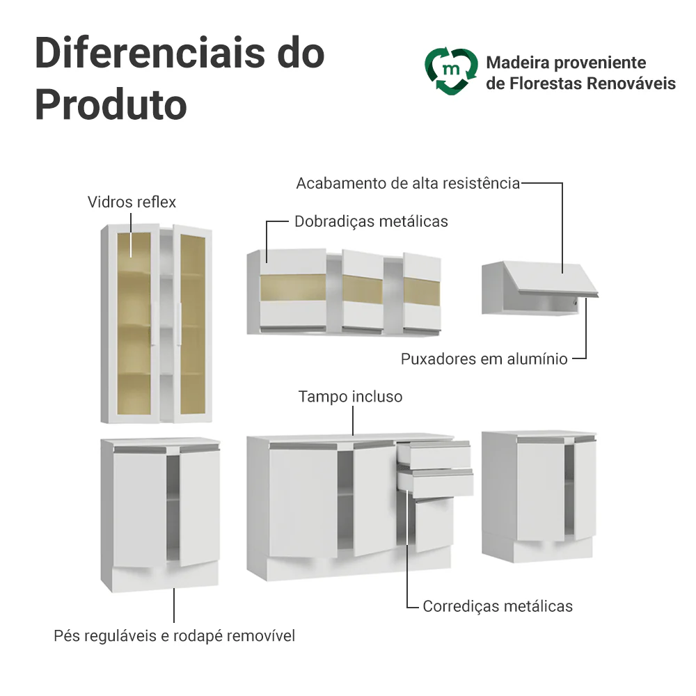 Armário de Cozinha Completa 100% MDF 240 cm Branco Smart Madesa 01 - Image 4