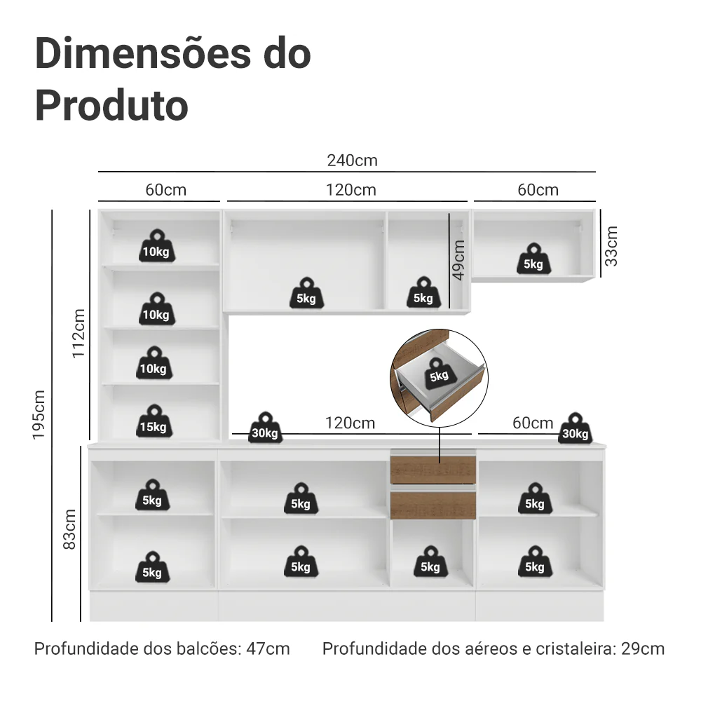 Armário de Cozinha Completa 100% MDF 240 cm Branco/Rustic/Crema Smart Madesa 01 - Image 3
