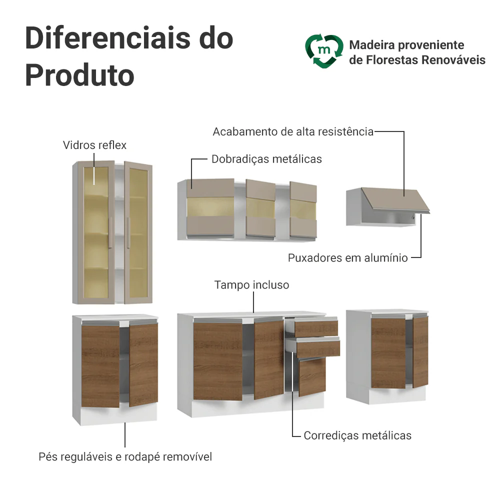 Armário de Cozinha Completa 100% MDF 240 cm Branco/Rustic/Crema Smart Madesa 01 - Image 4