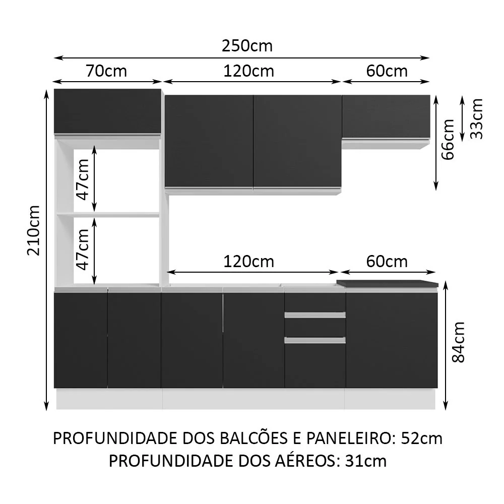 Armário de Cozinha Completa 100% MDF 250cm Branco/Preto Acordes Madesa 03 - Image 3
