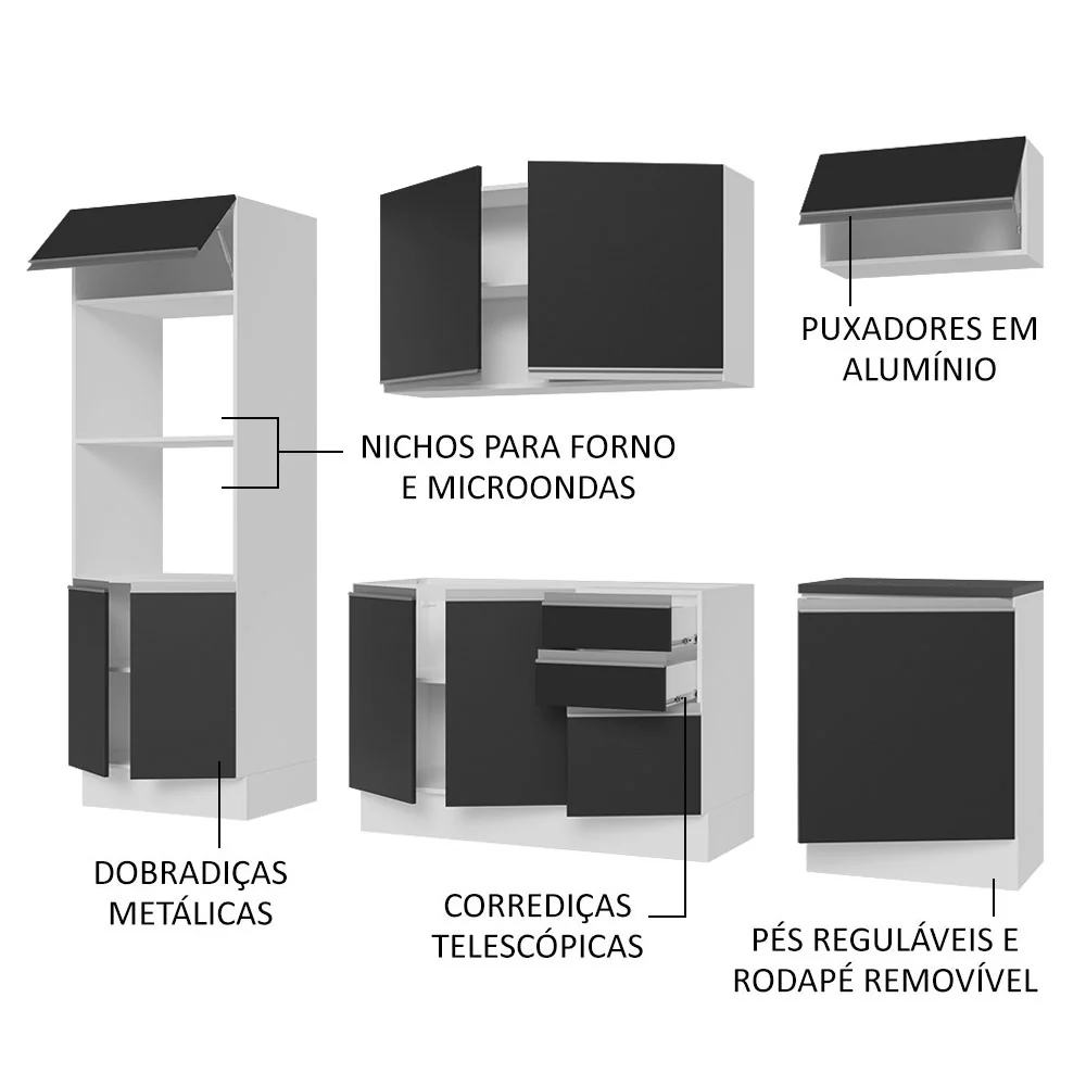 Armário de Cozinha Completa 100% MDF 250cm Branco/Preto Acordes Madesa 03 - Image 4