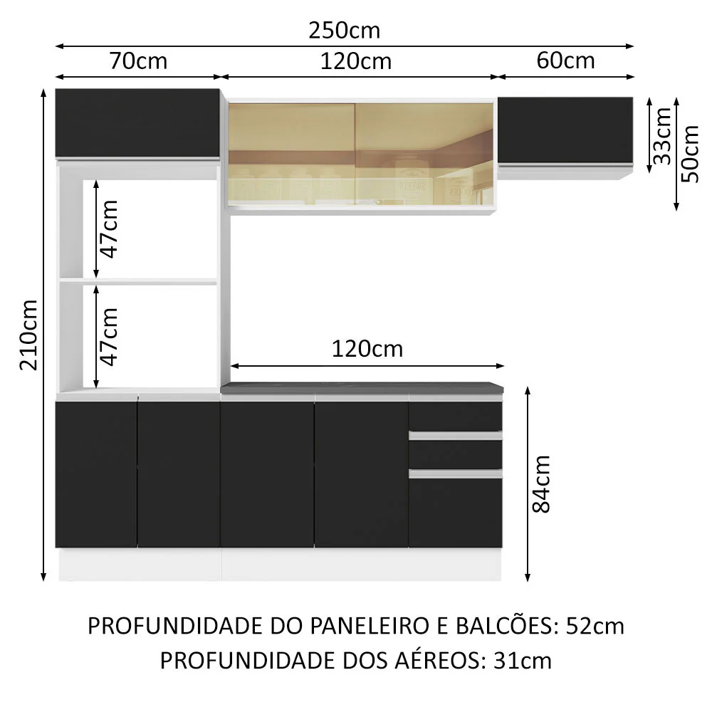 Armário de Cozinha Completa 100% MDF 250cm Branco/Preto Acordes Madesa 04 - Image 3