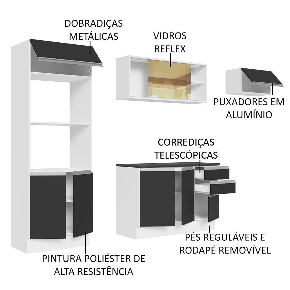 Armário de Cozinha Completa 100% MDF 250cm Branco/Preto Acordes Madesa 04 - Image 4