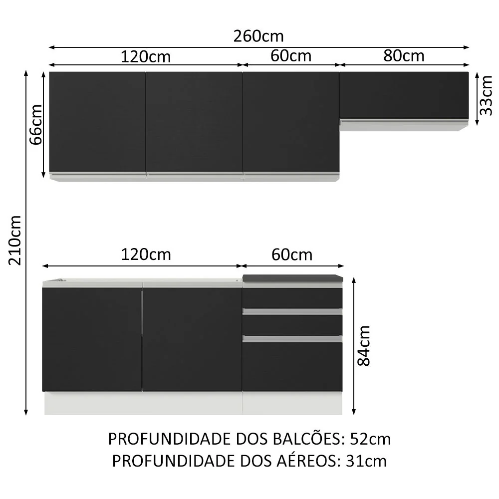 Armário de Cozinha Completa 100% MDF 260cm Branco/Preto Acordes Madesa 03 - Image 3