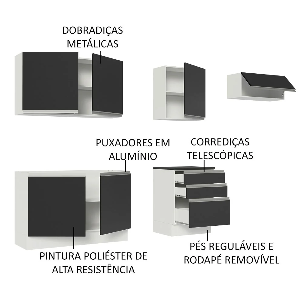 Armário de Cozinha Completa 100% MDF 260cm Branco/Preto Acordes Madesa 03 - Image 4