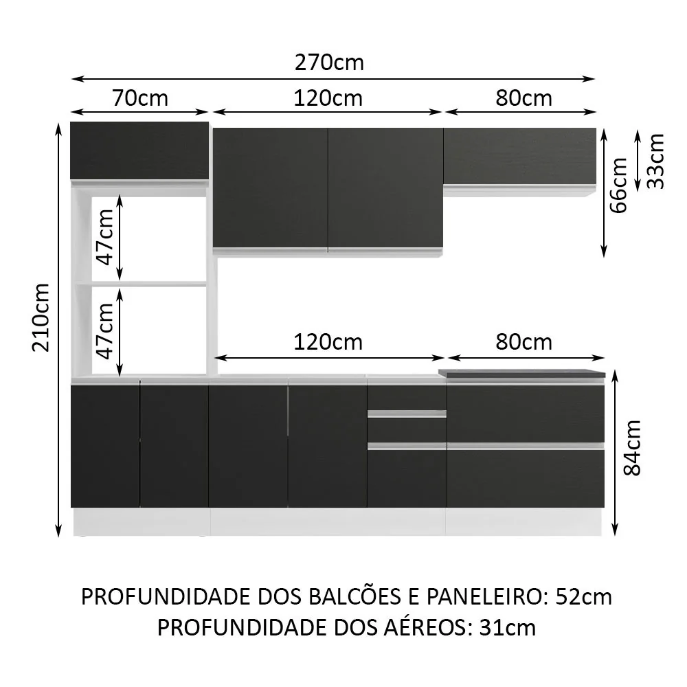Armário de Cozinha Completa 100% MDF 270cm Branco/Preto Acordes Madesa 06 - Image 3