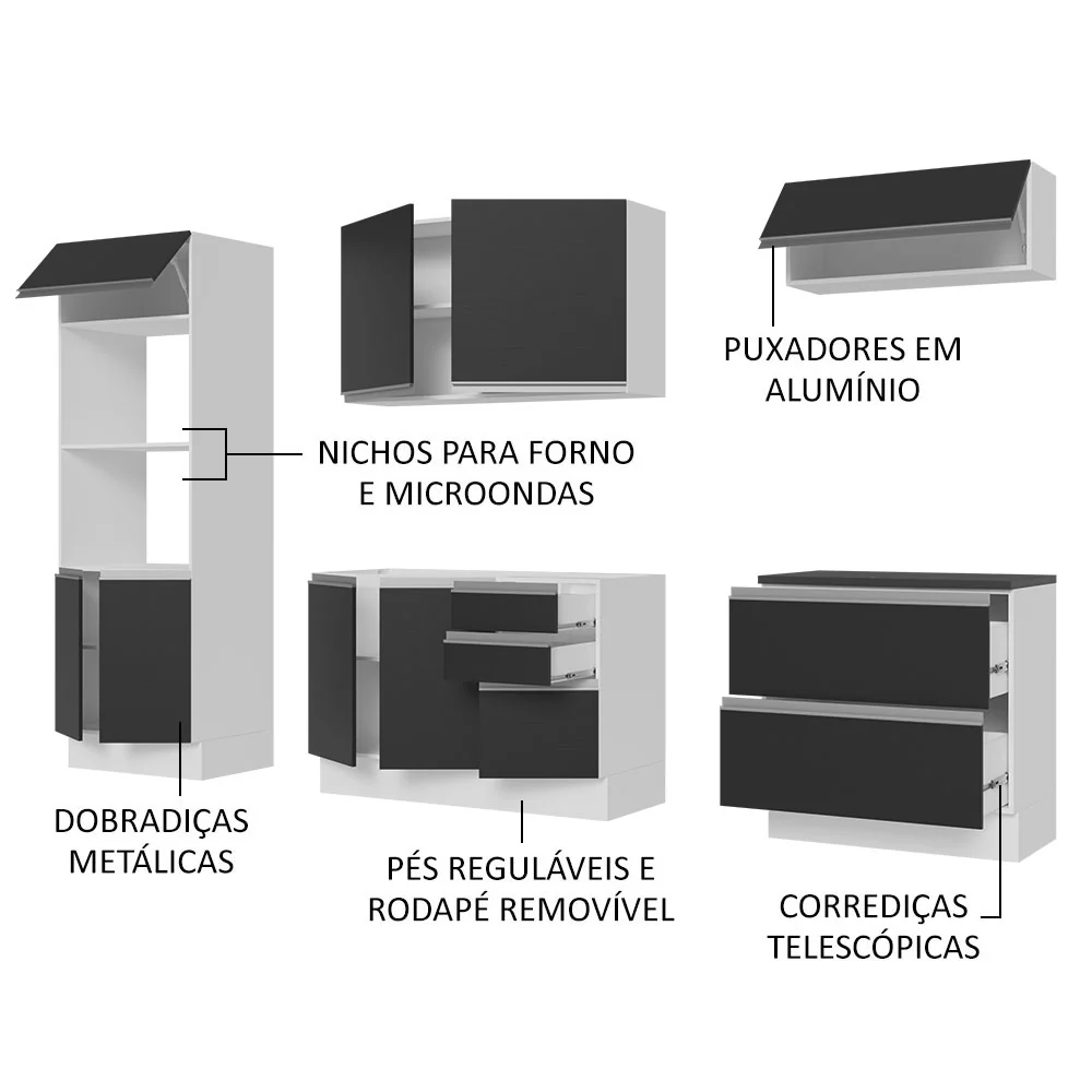 Armário de Cozinha Completa 100% MDF 270cm Branco/Preto Acordes Madesa 06 - Image 4