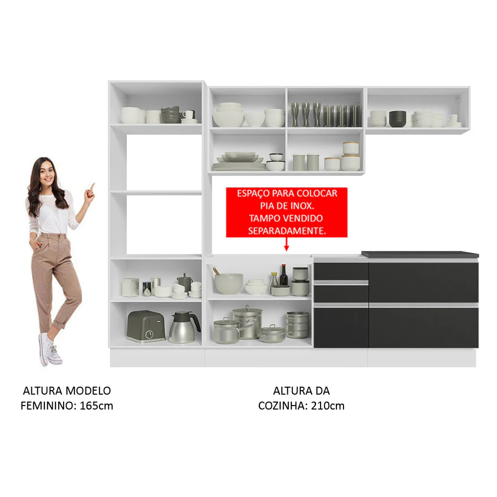 Armário de Cozinha Completa 100% MDF 270cm Branco/Preto Acordes Madesa 06 - Image 5