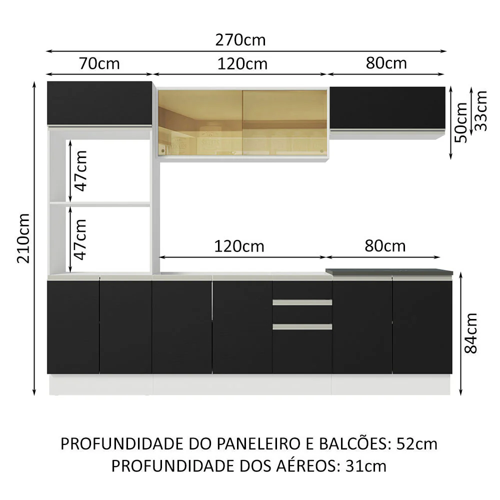Armário de Cozinha Completa 100% MDF 270cm Branco/Preto Acordes Madesa 07 - Image 3