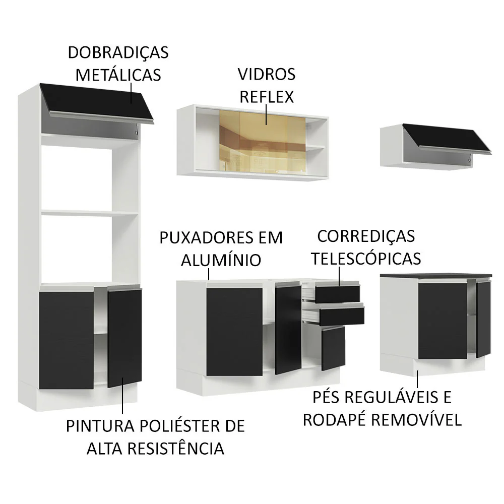Armário de Cozinha Completa 100% MDF 270cm Branco/Preto Acordes Madesa 07 - Image 4