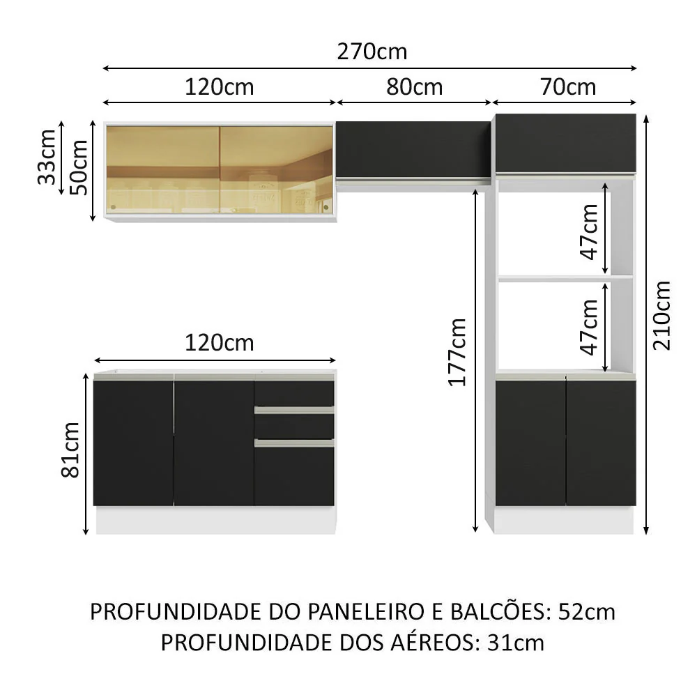 Armário de Cozinha Completa 100% MDF 270cm Branco/Preto Acordes Madesa 08 - Image 3