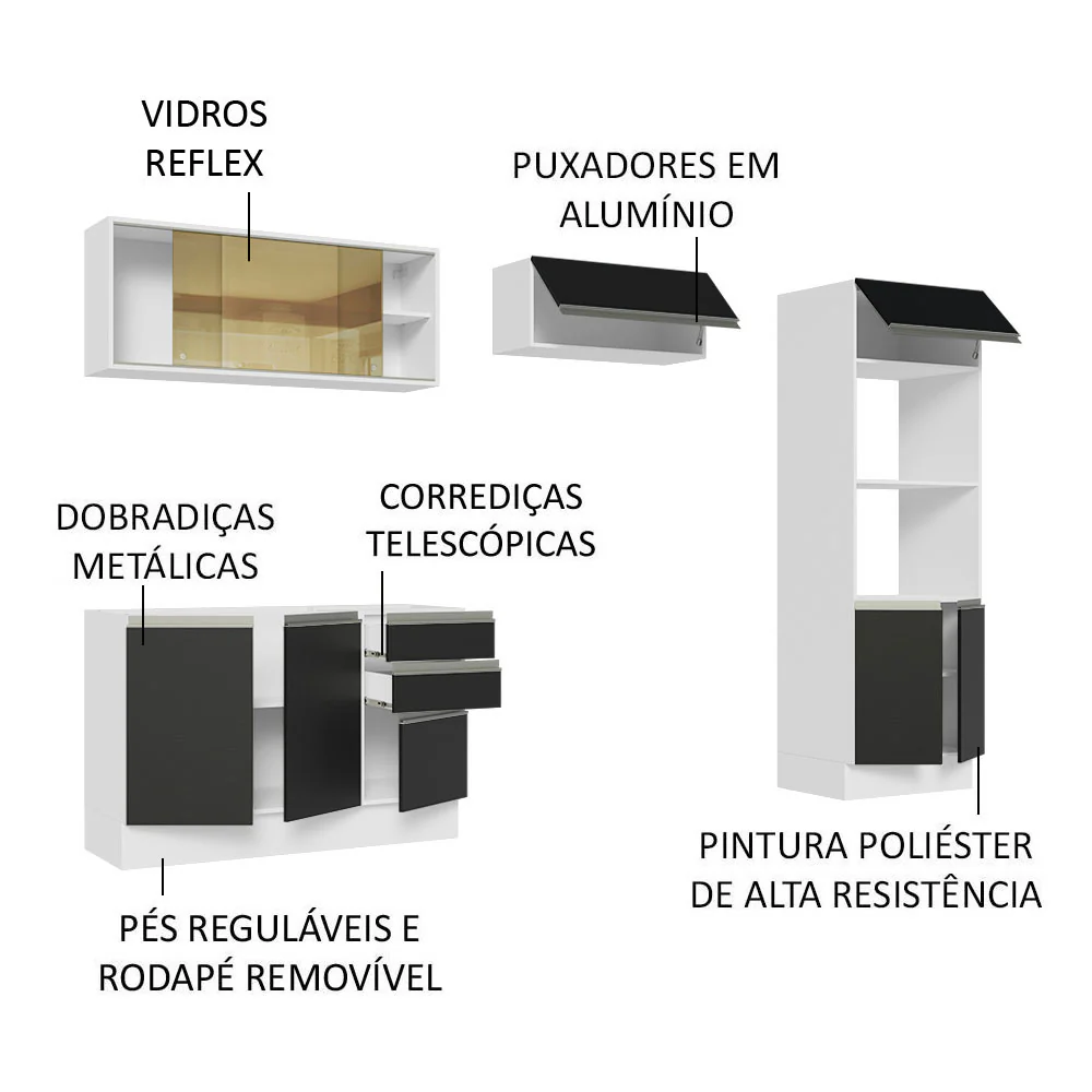 Armário de Cozinha Completa 100% MDF 270cm Branco/Preto Acordes Madesa 08 - Image 4