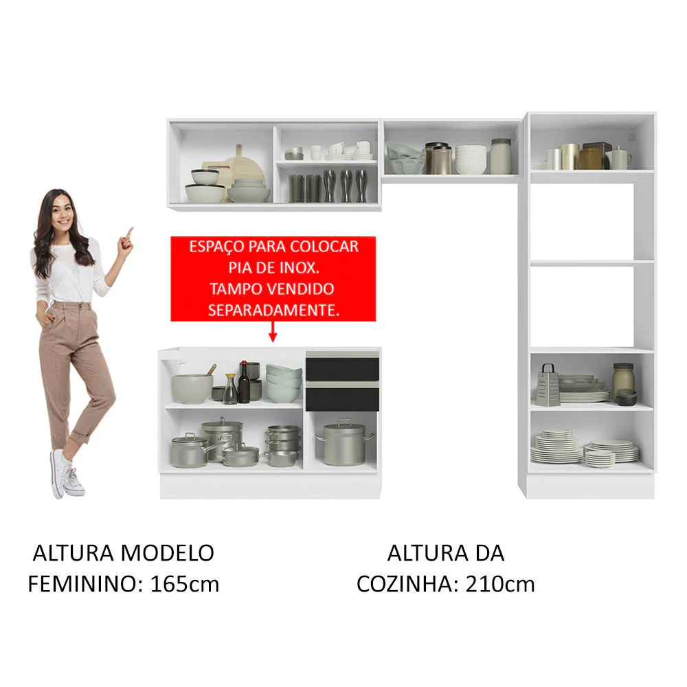 Armário de Cozinha Completa 100% MDF 270cm Branco/Preto Acordes Madesa 08 - Image 5