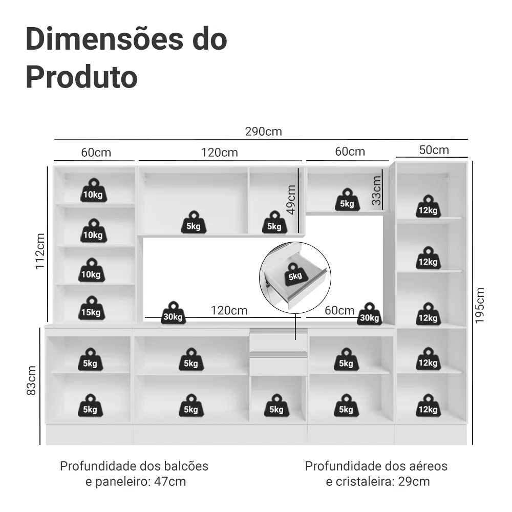 Armário de Cozinha Completa 100% MDF 290 cm Branco Smart Madesa 01 - Image 3
