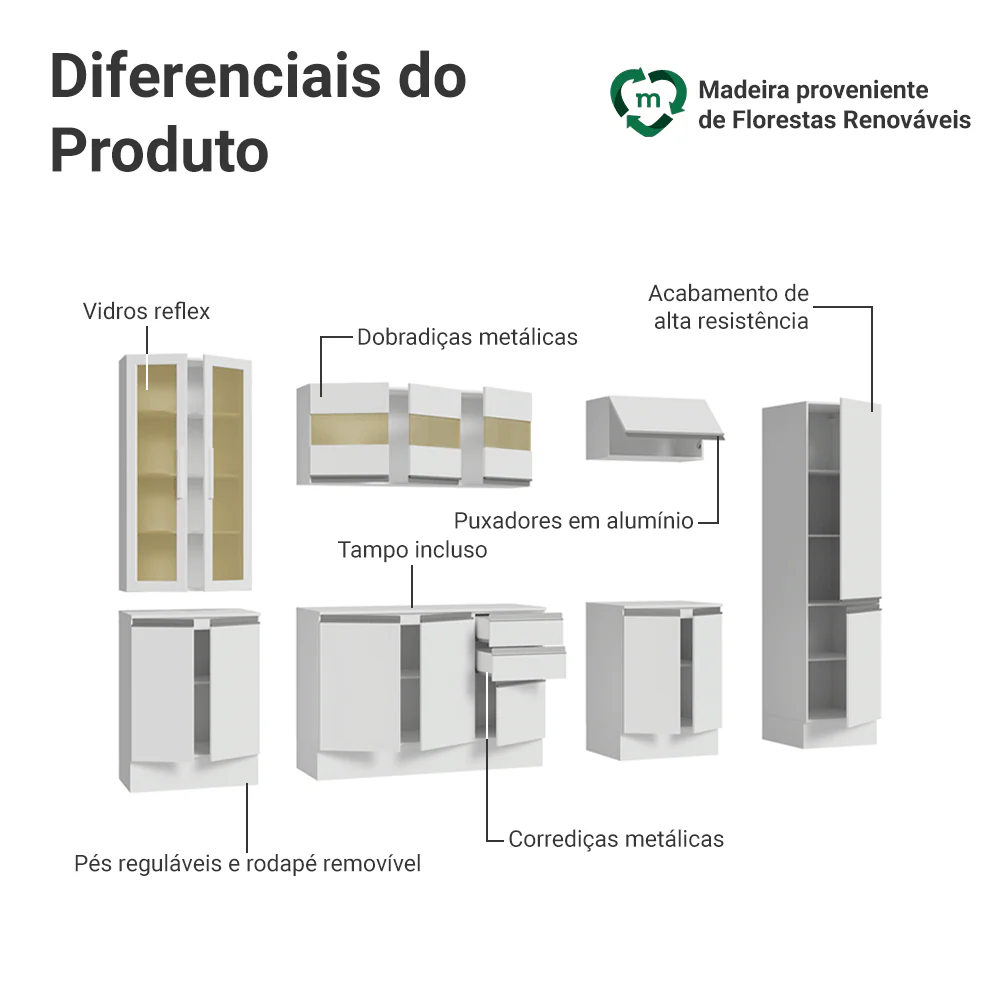 Armário de Cozinha Completa 100% MDF 290 cm Branco Smart Madesa 01 - Image 4