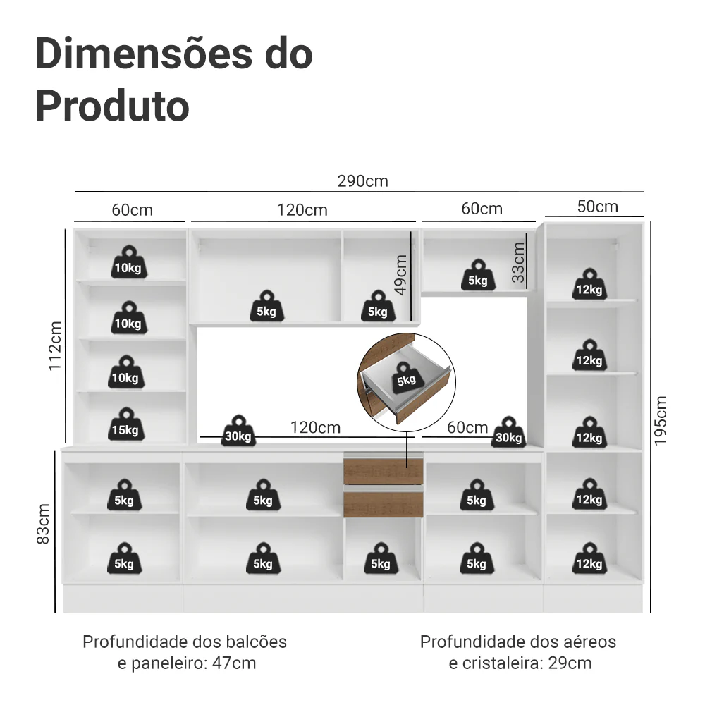 Armário de Cozinha Completa 100% MDF 290 cm Branco/Rustic/Crema Smart Madesa 01 - Image 3