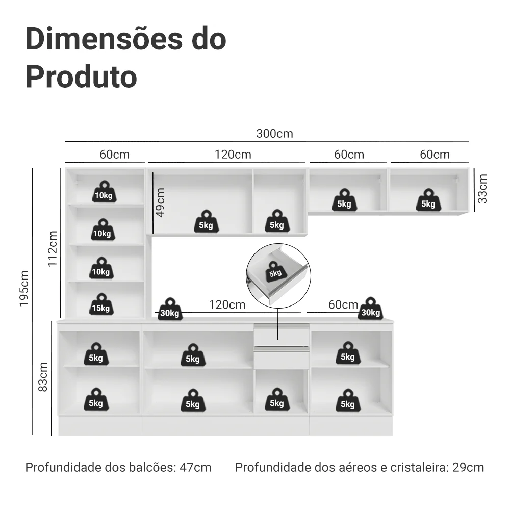 Armário de Cozinha Completa 100% MDF 300 cm Branco Smart Madesa 04 - Image 3