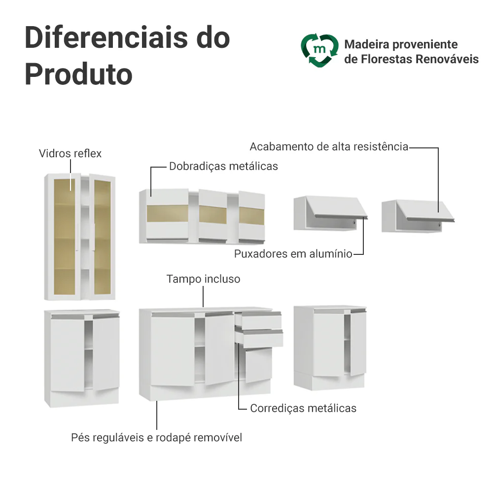 Armário de Cozinha Completa 100% MDF 300 cm Branco Smart Madesa 04 - Image 4