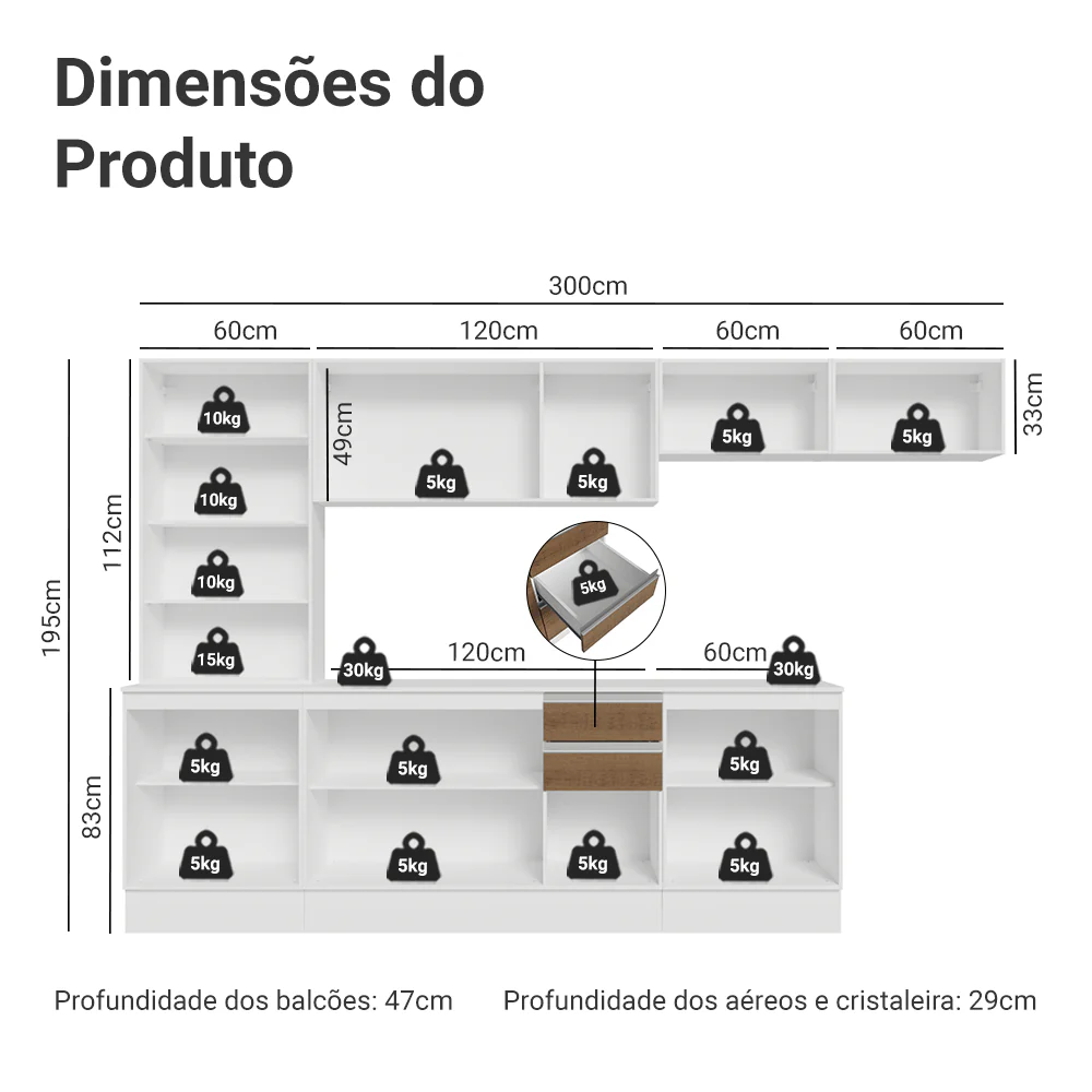 Armário de Cozinha Completa 100% MDF 300 cm Branco/Rustic/Crema Smart Madesa 04 - Image 3