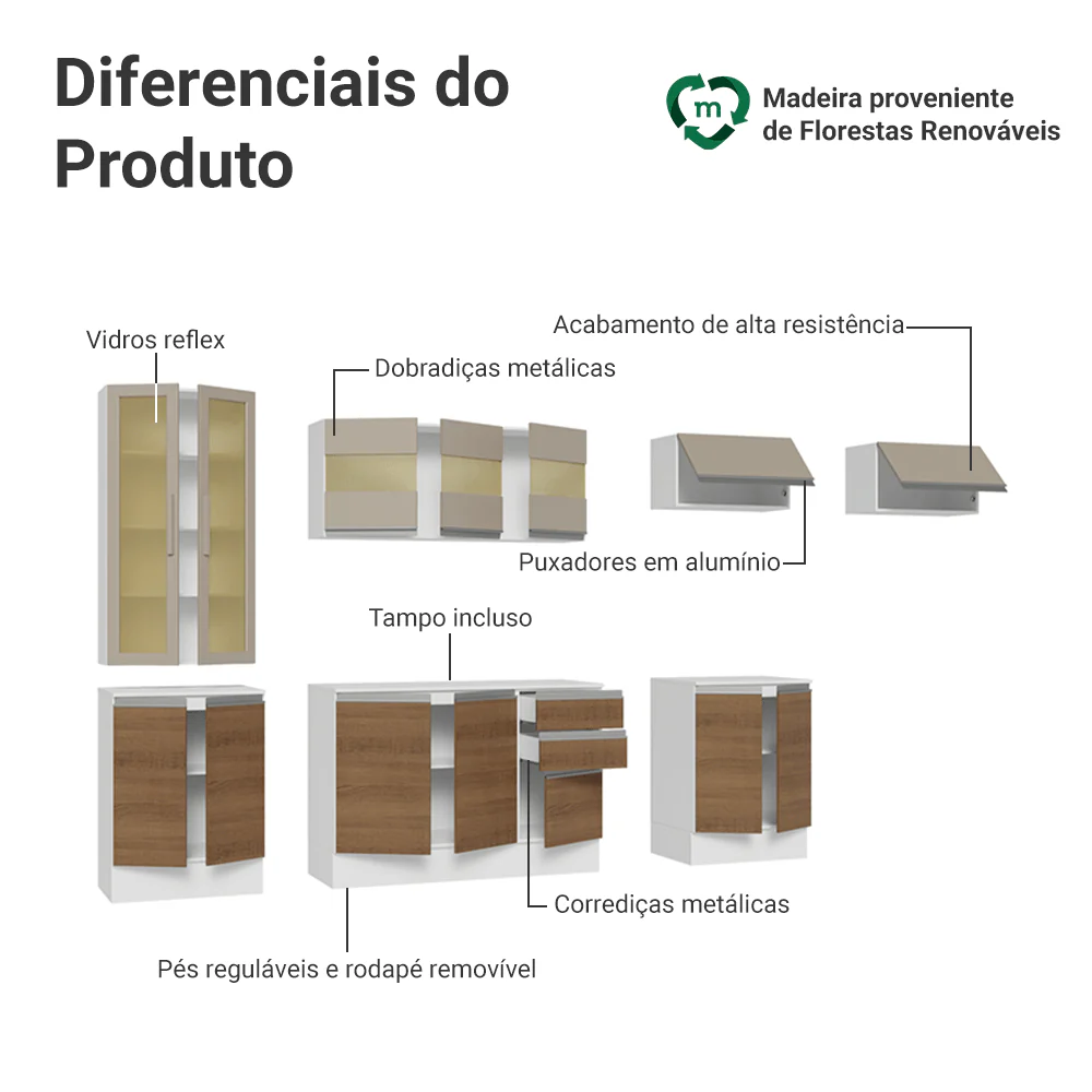 Armário de Cozinha Completa 100% MDF 300 cm Branco/Rustic/Crema Smart Madesa 04 - Image 4