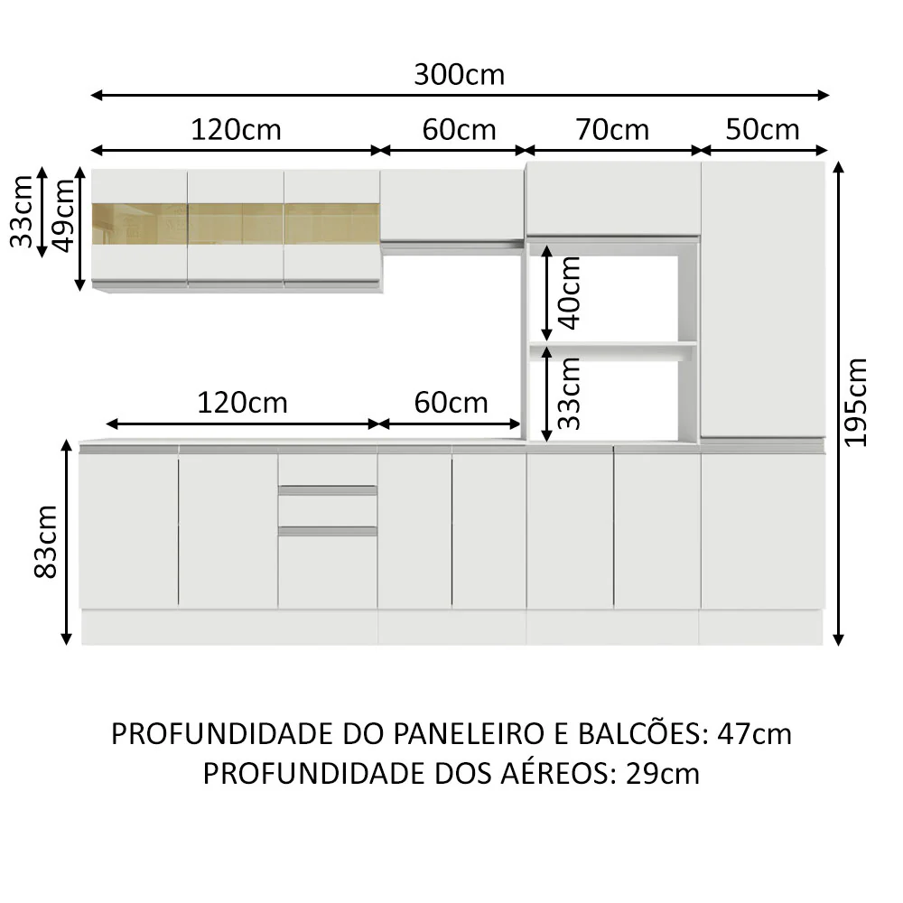 Armário de Cozinha Completa 100% MDF 300cm Branco Smart Madesa 02 - Image 3