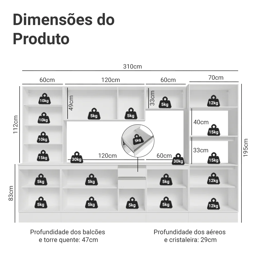 Armário de Cozinha Completa 100% MDF 310 cm Branco Smart Madesa 03 - Image 3