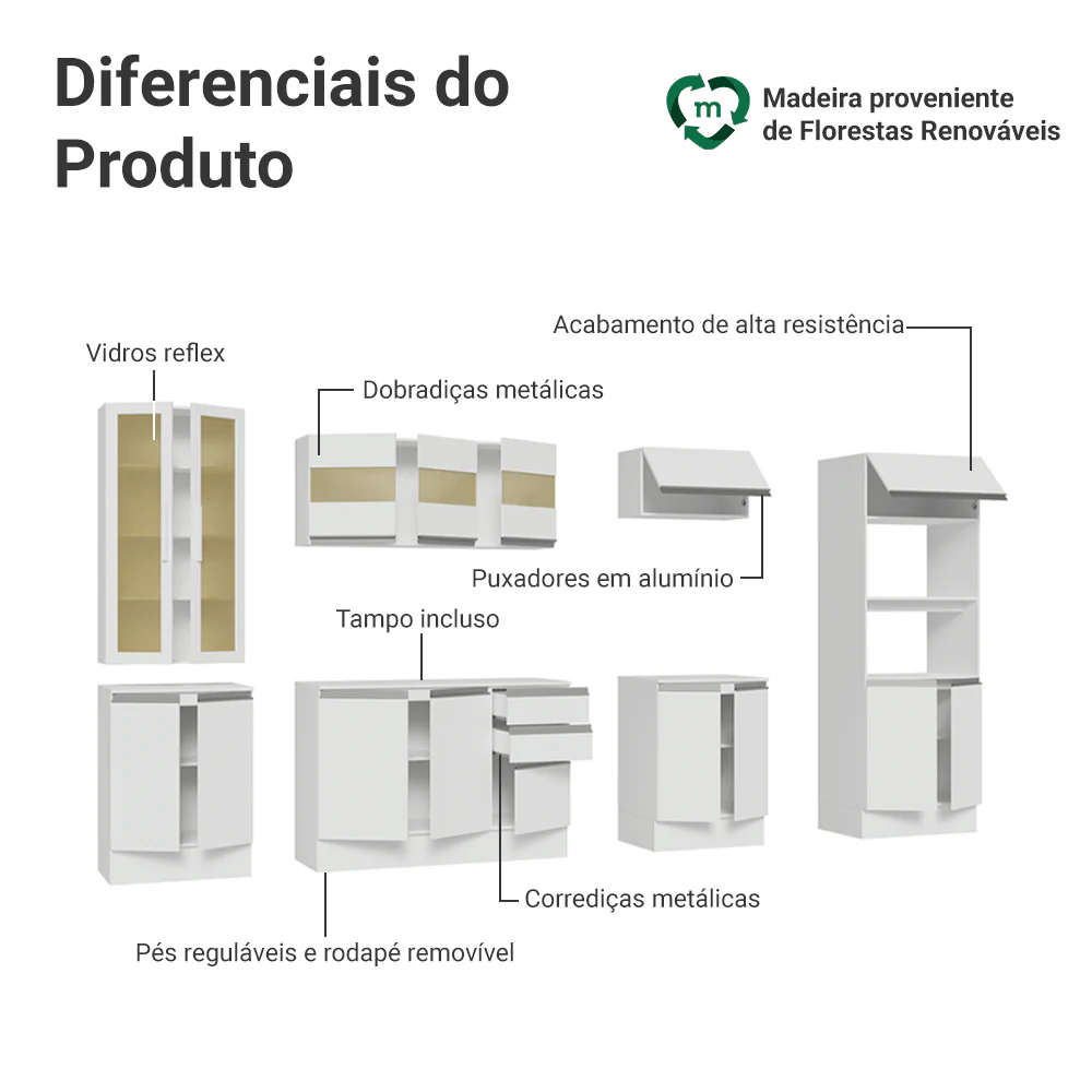 Armário de Cozinha Completa 100% MDF 310 cm Branco Smart Madesa 03 - Image 4