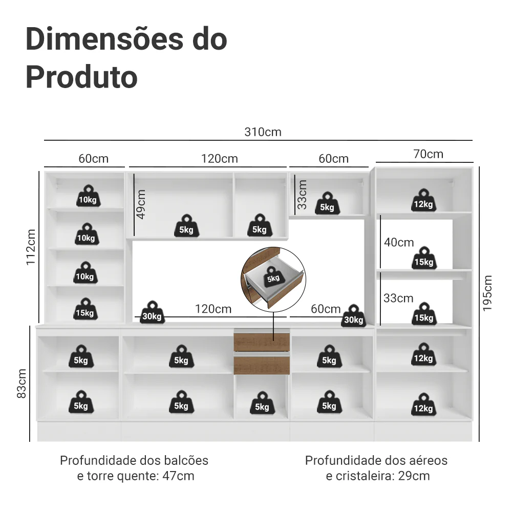 Armário de Cozinha Completa 100% MDF 310 cm Branco/Rustic/Crema Smart Madesa 03 - Image 3
