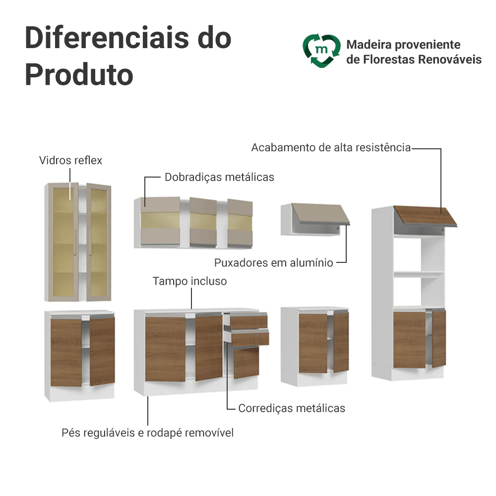 Armário de Cozinha Completa 100% MDF 310 cm Branco/Rustic/Crema Smart Madesa 03 - Image 4