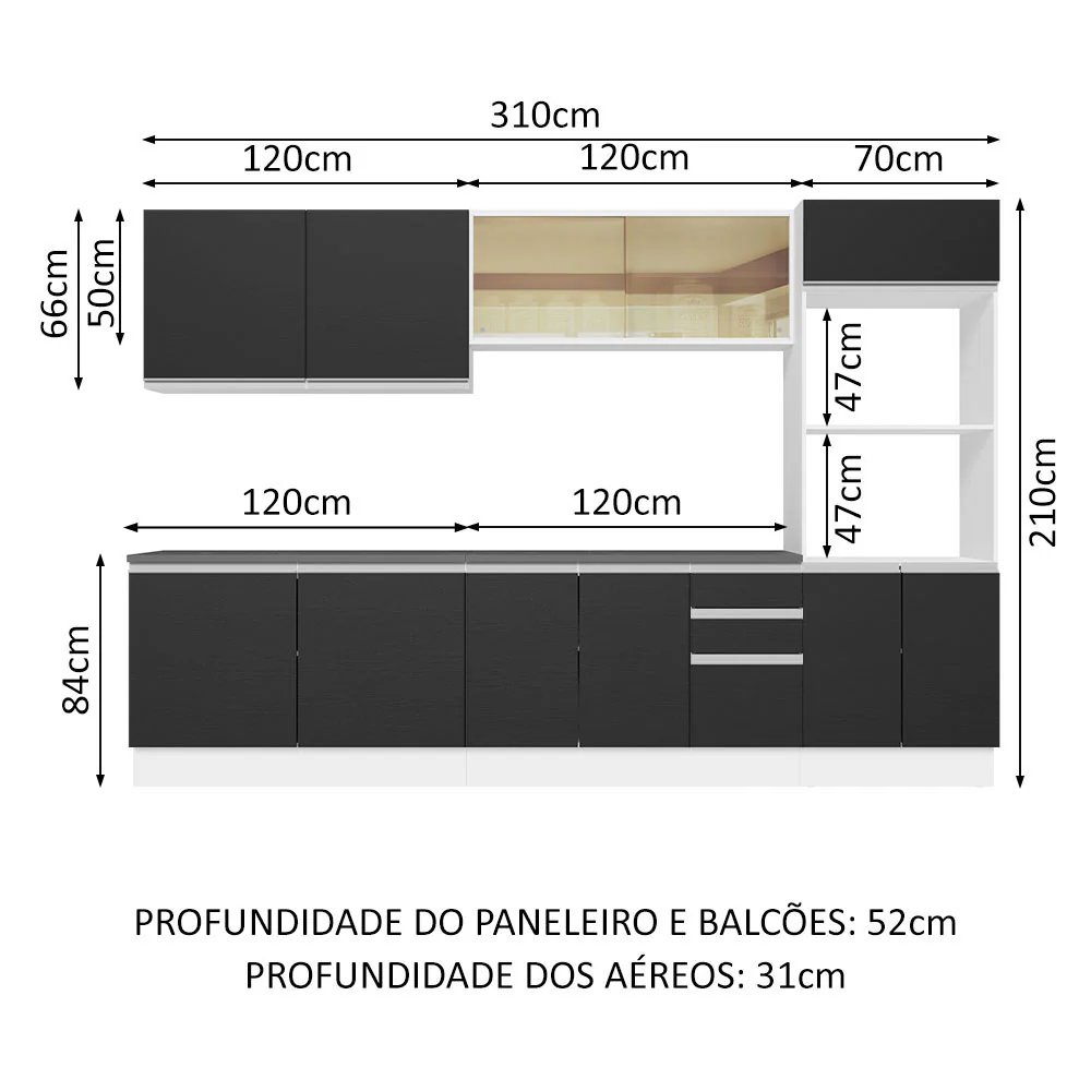 Armário de Cozinha Completa 100% MDF 310cm Branco/Preto Acordes Madesa 01 - Image 3