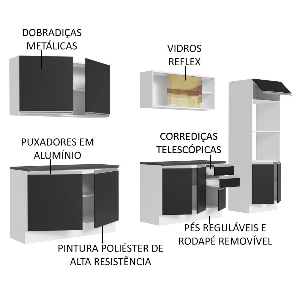 Armário de Cozinha Completa 100% MDF 310cm Branco/Preto Acordes Madesa 01 - Image 4