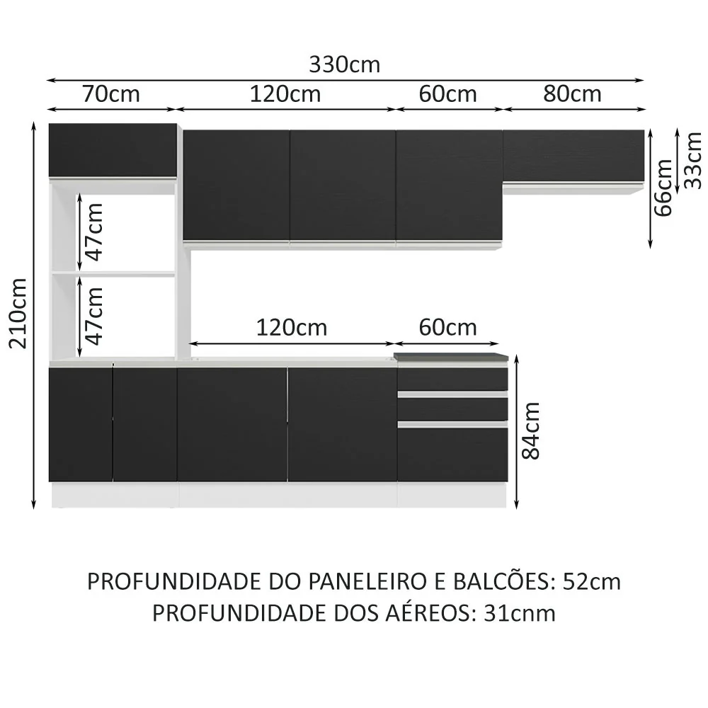 Armário de Cozinha Completa 100% MDF 330cm Branco/Preto Acordes Madesa 06 - Image 3