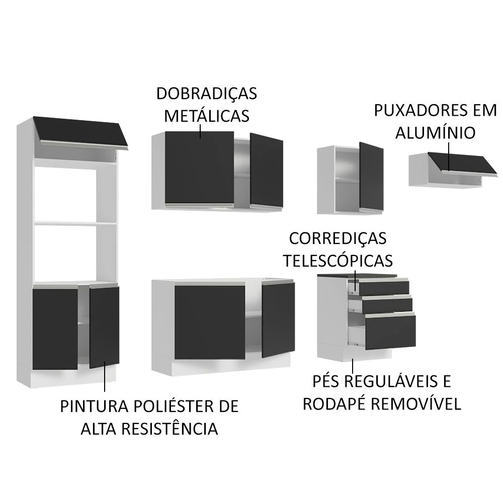 Armário de Cozinha Completa 100% MDF 330cm Branco/Preto Acordes Madesa 06 - Image 4