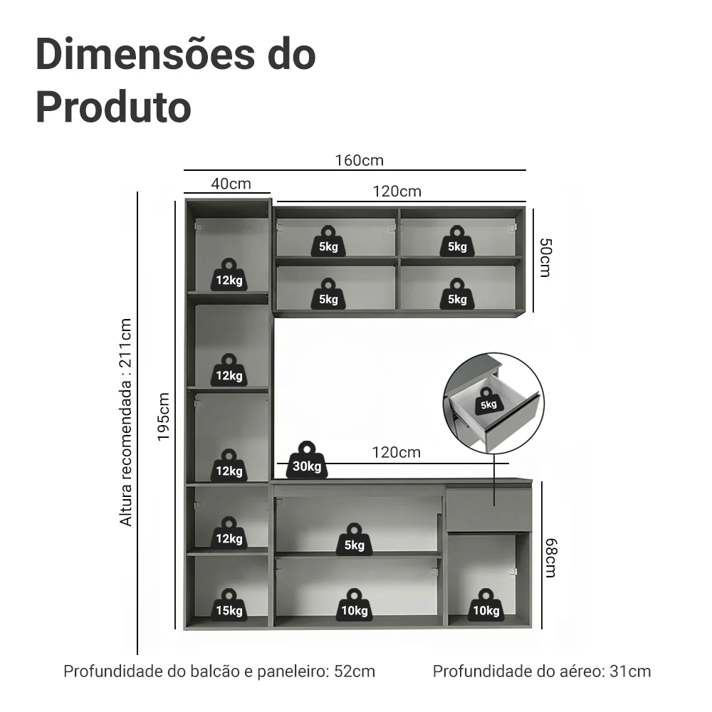 Armário de Cozinha Compacta Suspenso 160cm Cinza Nice Madesa 02 - Image 3