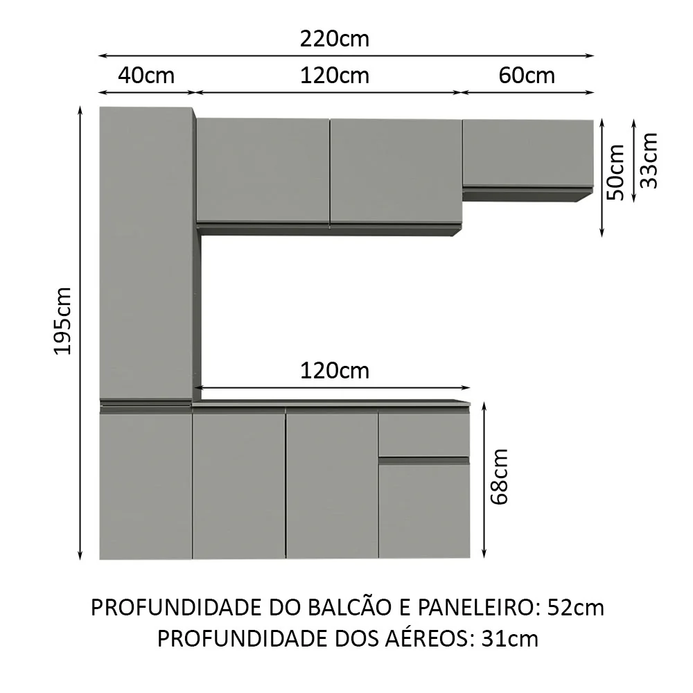 Armário de Cozinha Completa Suspenso 220cm Cinza Nice Madesa 02 - Image 3