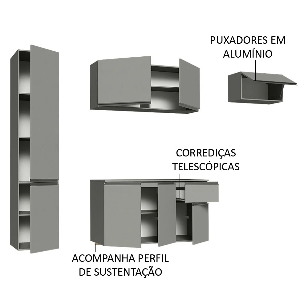 Armário de Cozinha Completa Suspenso 220cm Cinza Nice Madesa 02 - Image 4