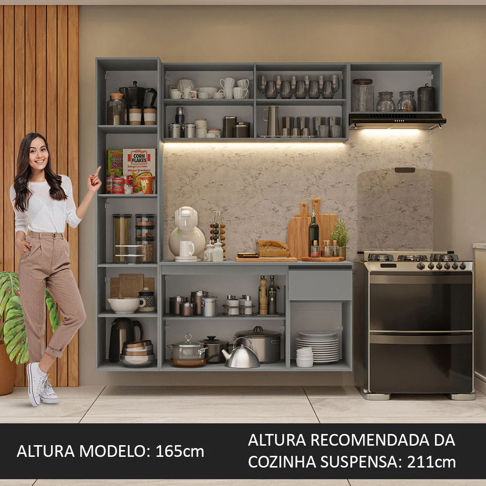Armário de Cozinha Completa Suspenso 220cm Cinza Nice Madesa 02 - Image 5