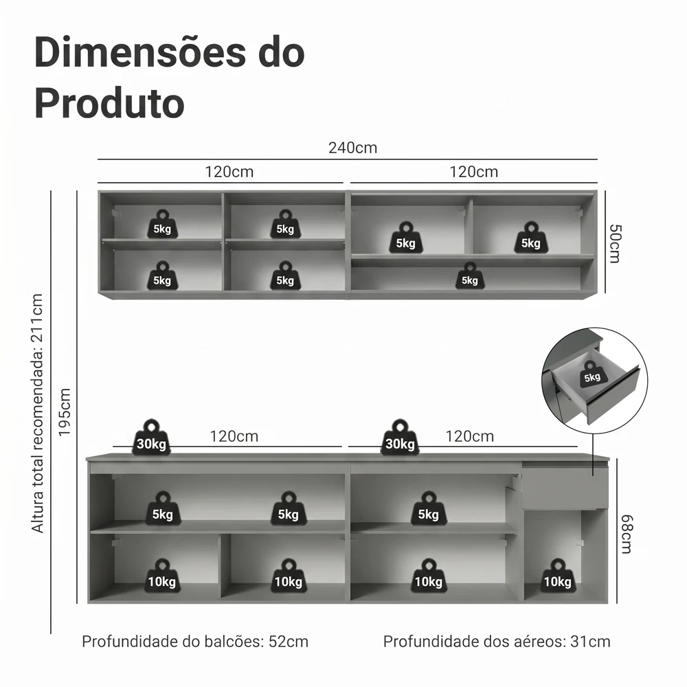 Armário de Cozinha Completa Suspenso 240cm Cinza Nice Madesa 04 - Image 3