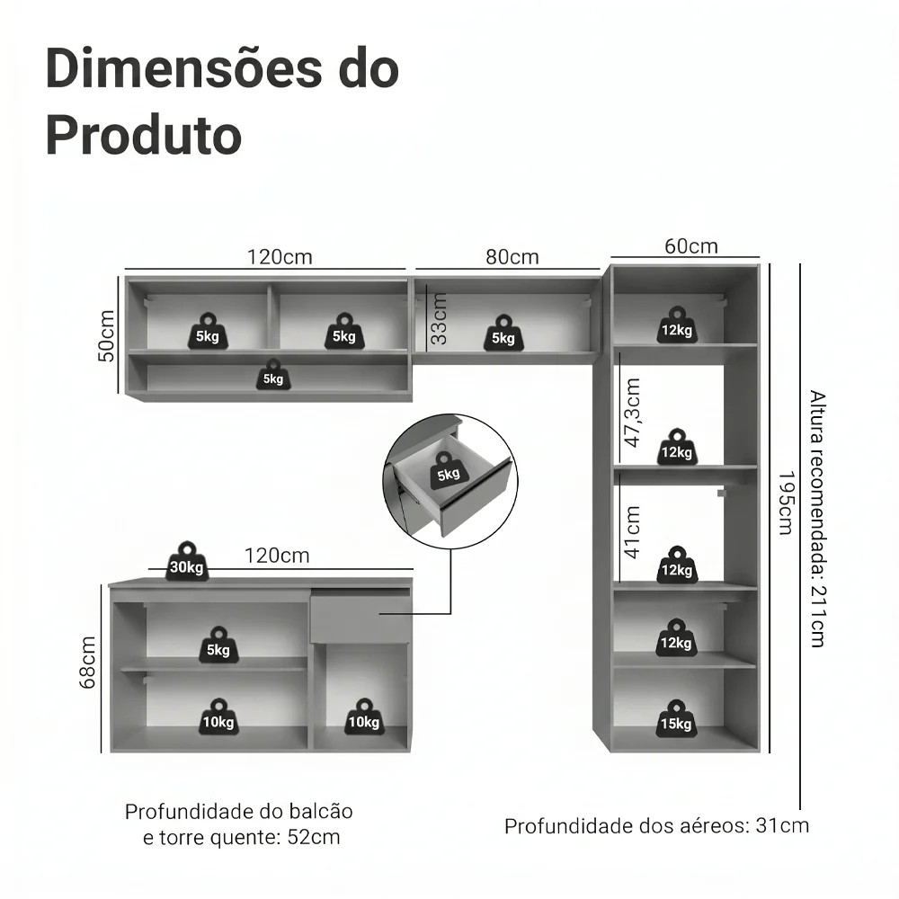 Armário de Cozinha Completa Suspenso 260cm Cinza Nice Madesa 10 - Image 3