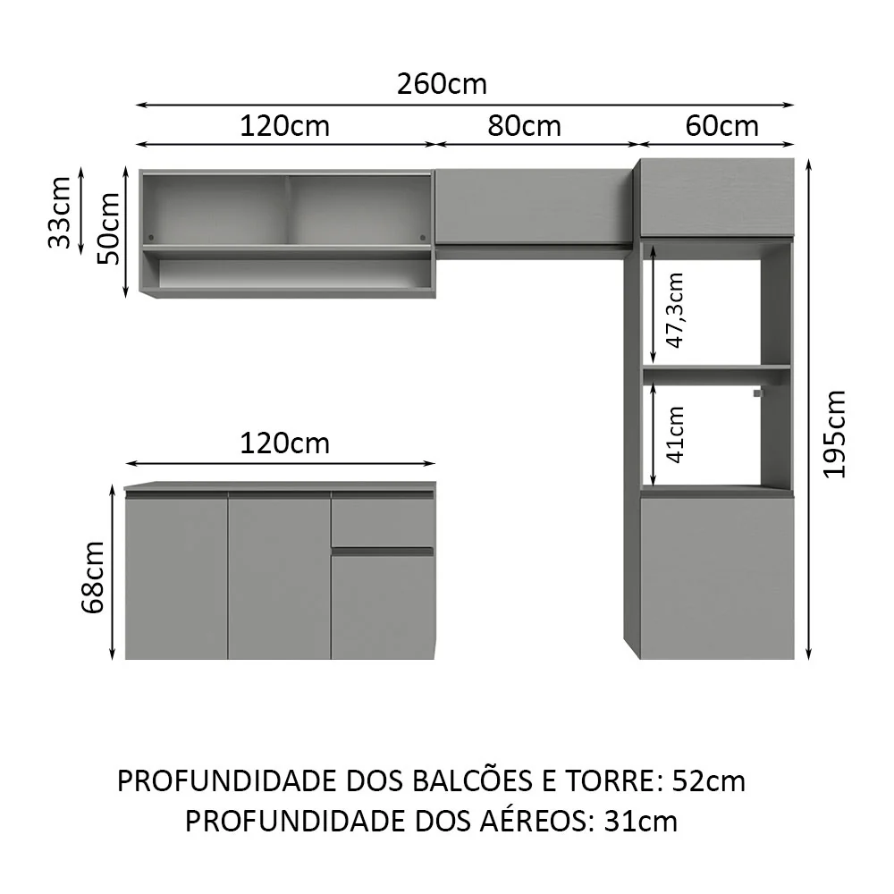 Armário de Cozinha Completa Suspenso 260cm Cinza Nice Madesa 11 - Image 3