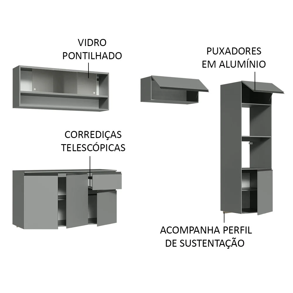 Armário de Cozinha Completa Suspenso 260cm Cinza Nice Madesa 11 - Image 4