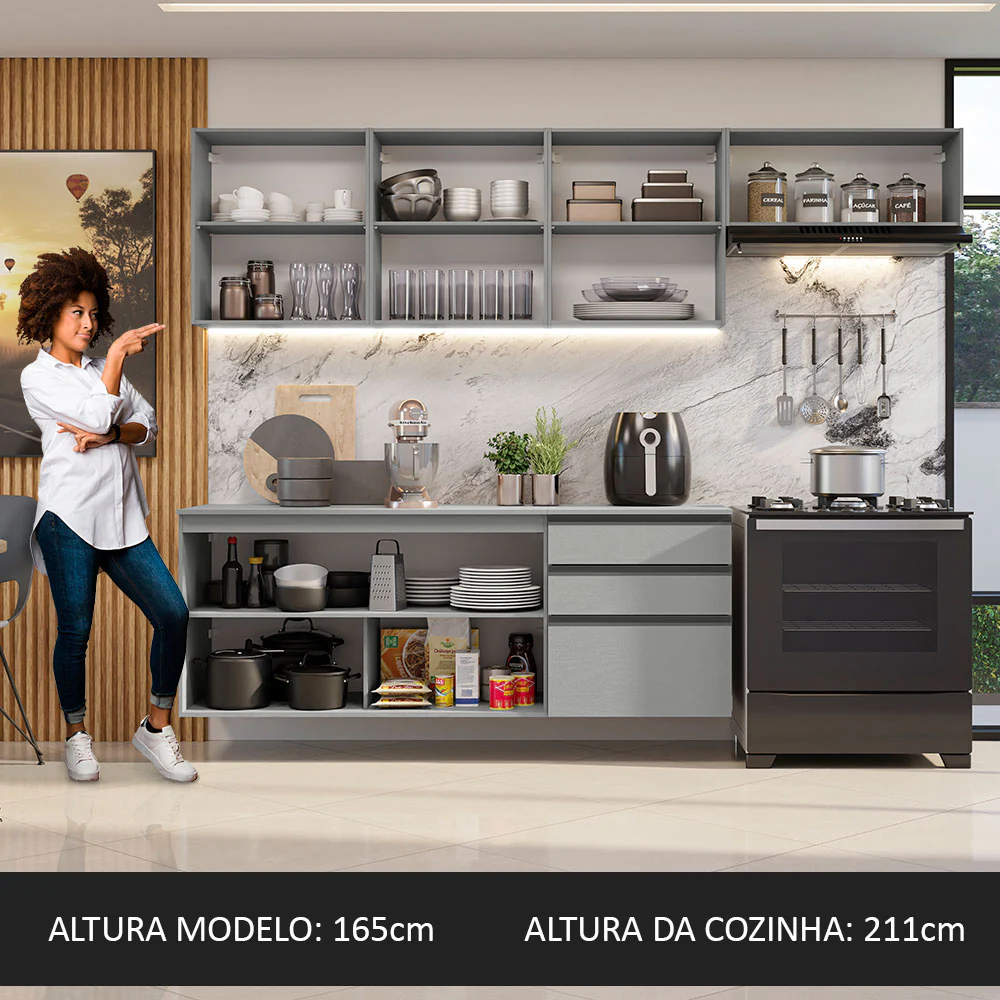 Armário de Cozinha Completa Suspenso 260cm Cinza Nice Madesa 13 - Image 5