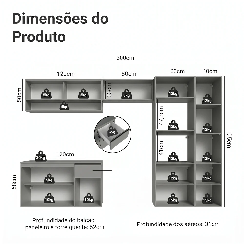 Armário de Cozinha Completa Suspenso 300cm Cinza Nice Madesa 07 - Image 3
