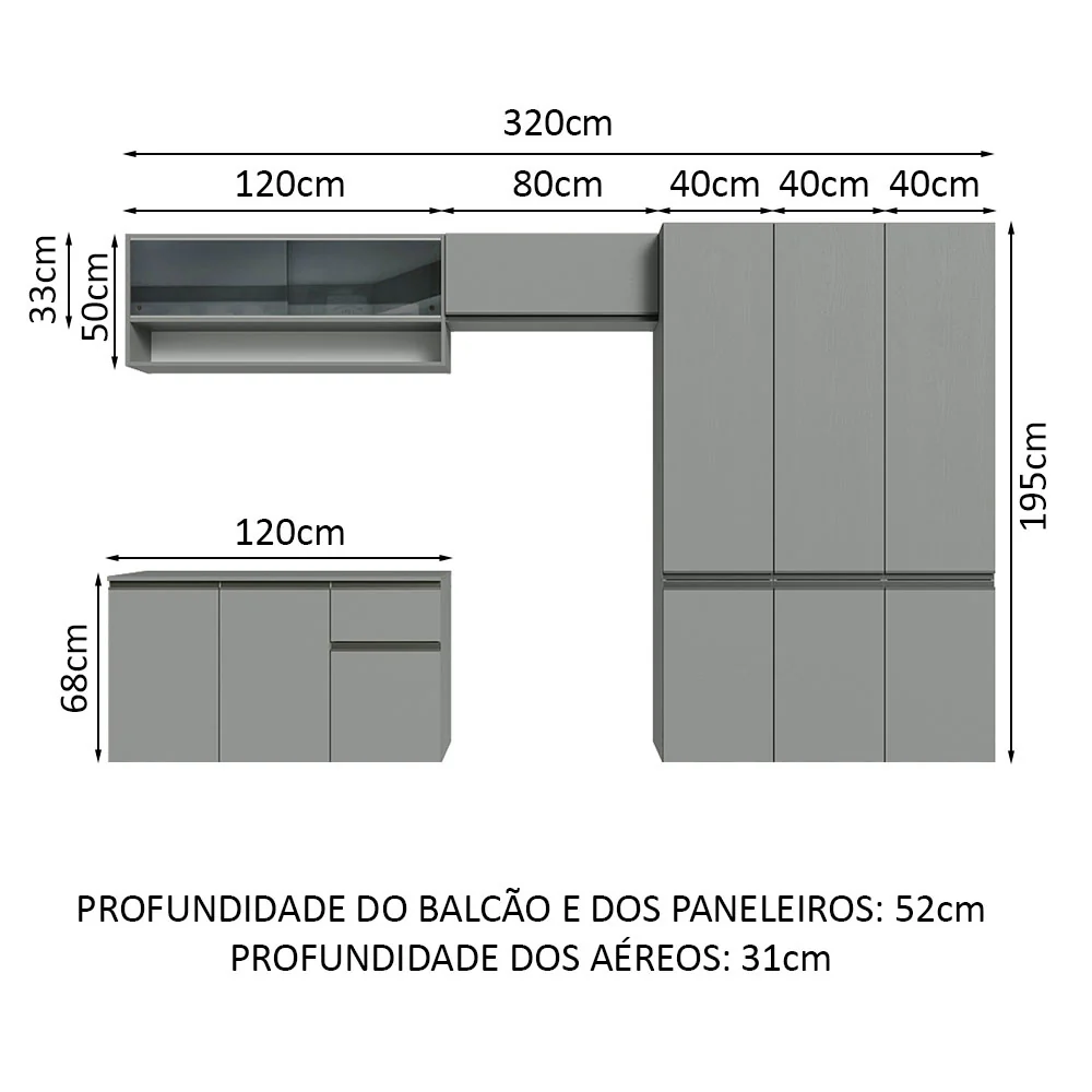 Armário de Cozinha Completa Suspenso 320cm Cinza Nice Madesa 04 - Image 3