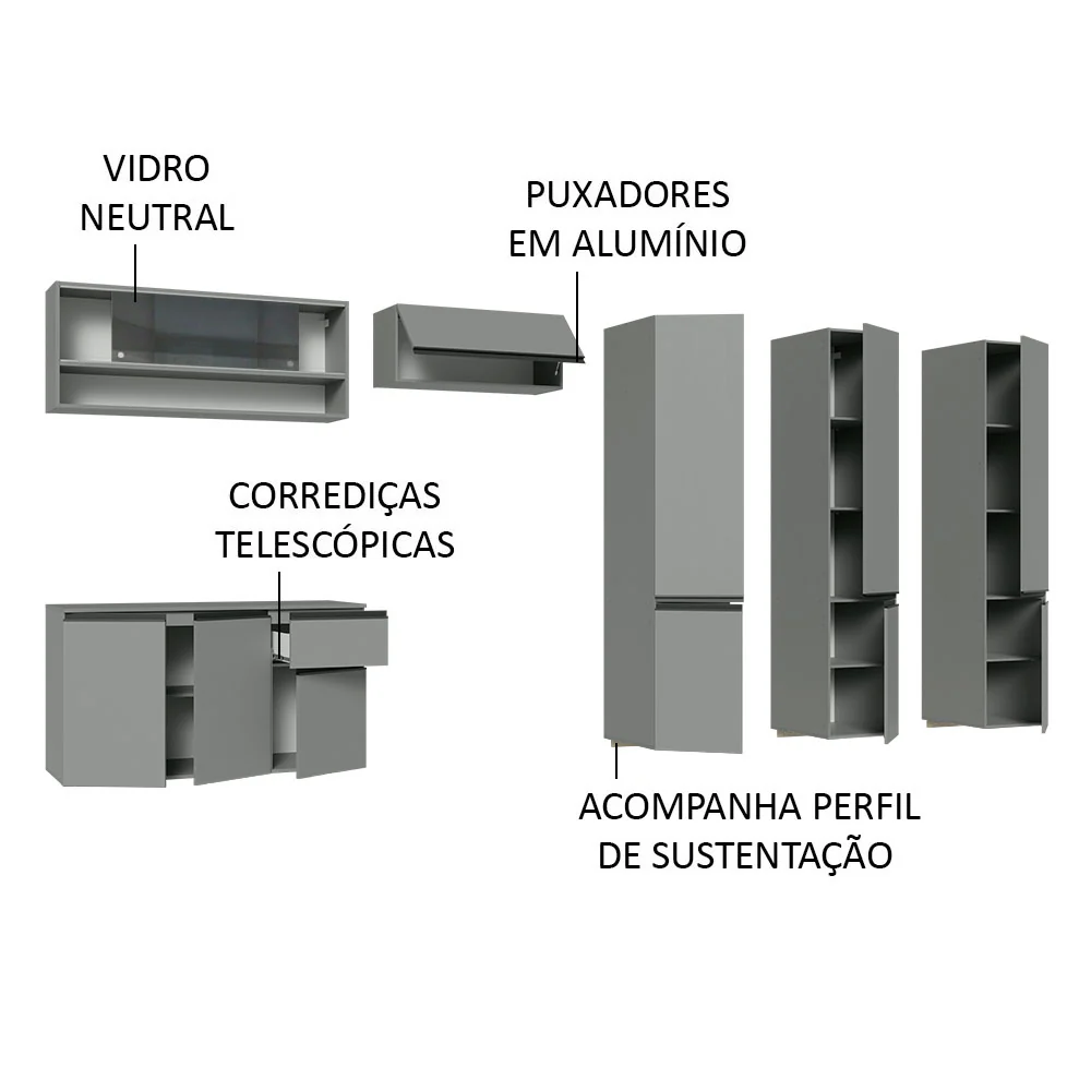 Armário de Cozinha Completa Suspenso 320cm Cinza Nice Madesa 04 - Image 4