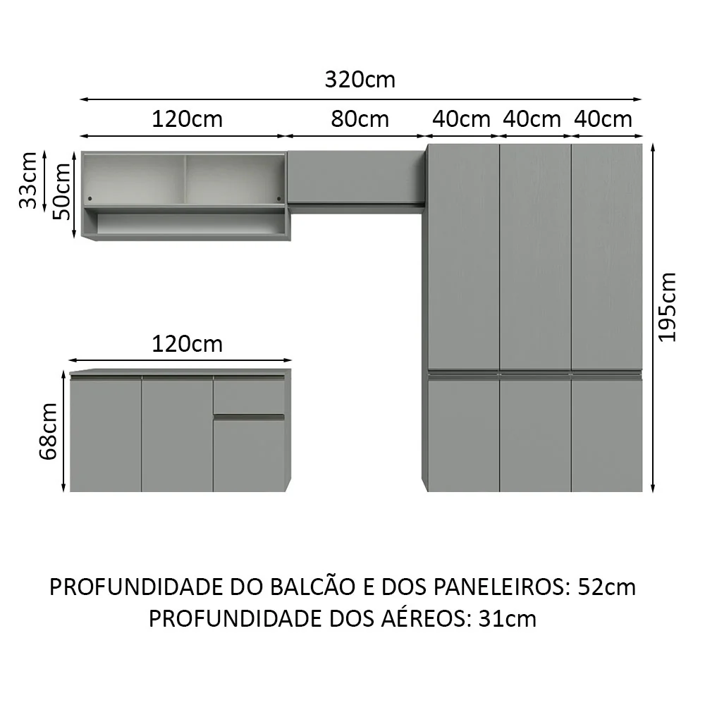 Armário de Cozinha Completa Suspenso 320cm Cinza Nice Madesa 05 - Image 3