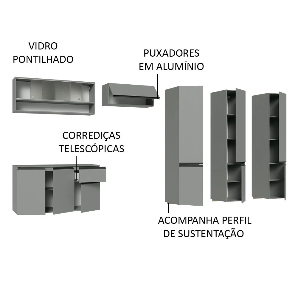 Armário de Cozinha Completa Suspenso 320cm Cinza Nice Madesa 05 - Image 4