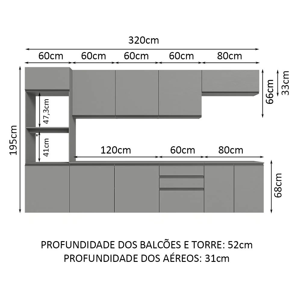 Armário de Cozinha Completa Suspenso 320cm Cinza Nice Madesa 07 - Image 3